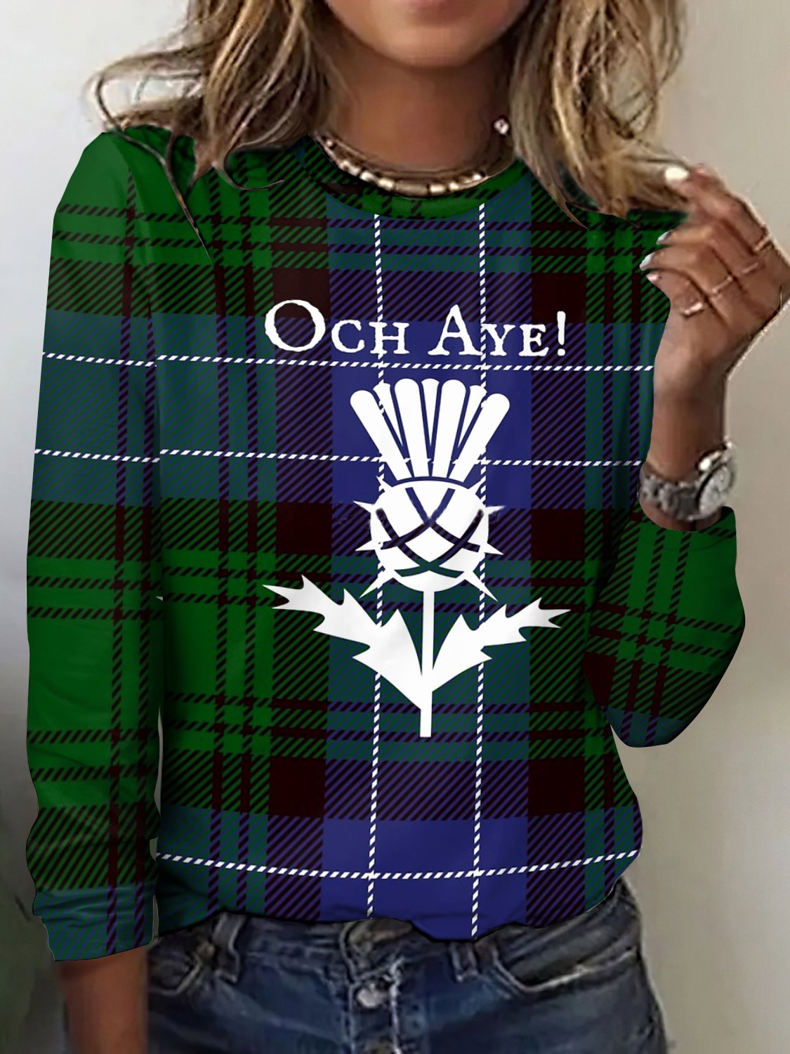 Retro Kariert Rundhals Langarm T-Shirt