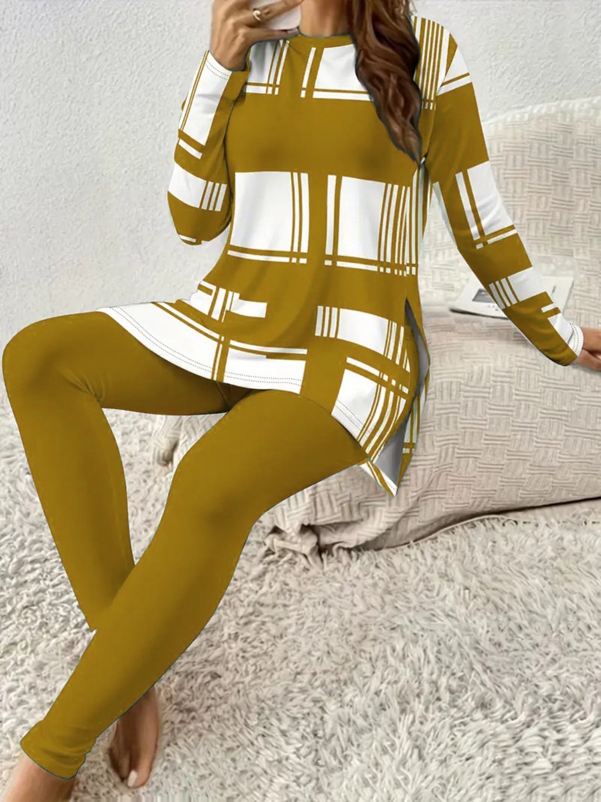 Damen Geometrisch Rundhals Langarm Bequem Lässig Bluse mit Hose Zweiteiliges Set