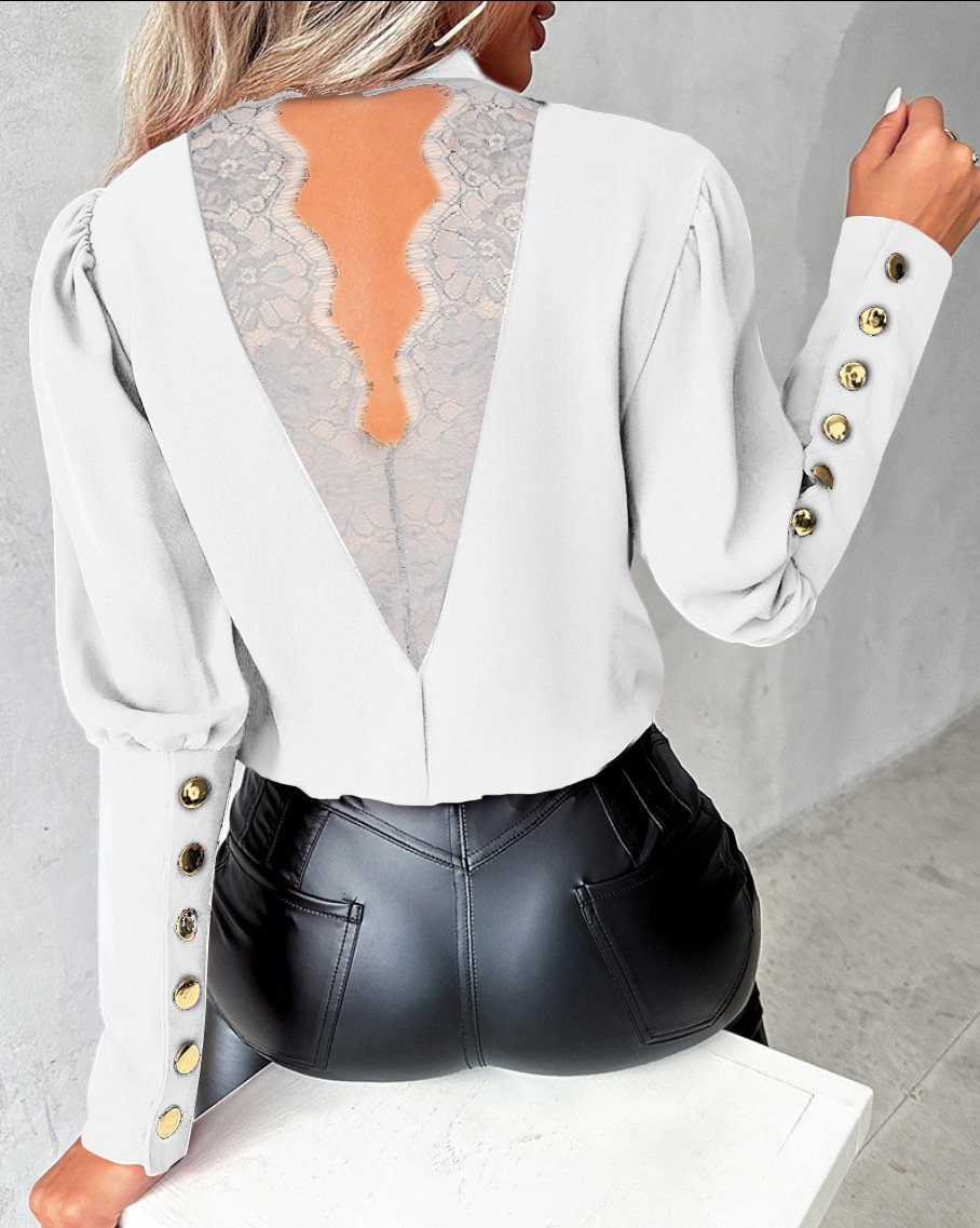 Mock Neck Langarm Unifarben Schnalle Regelmäßig Weit Bluse für Damen