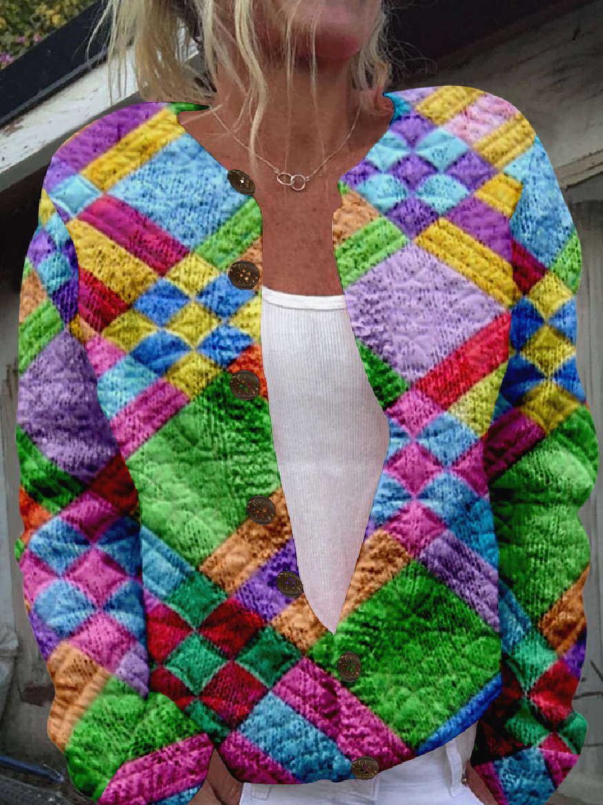 Damen Gestrickt Kariert Langarm Bequem Lässig Strickjacke