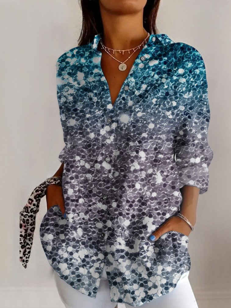 Hemdkragen Langarm Geometrisch Regelmäßig Mikroelastizität Regelmäßige Passform Bluse für Damen