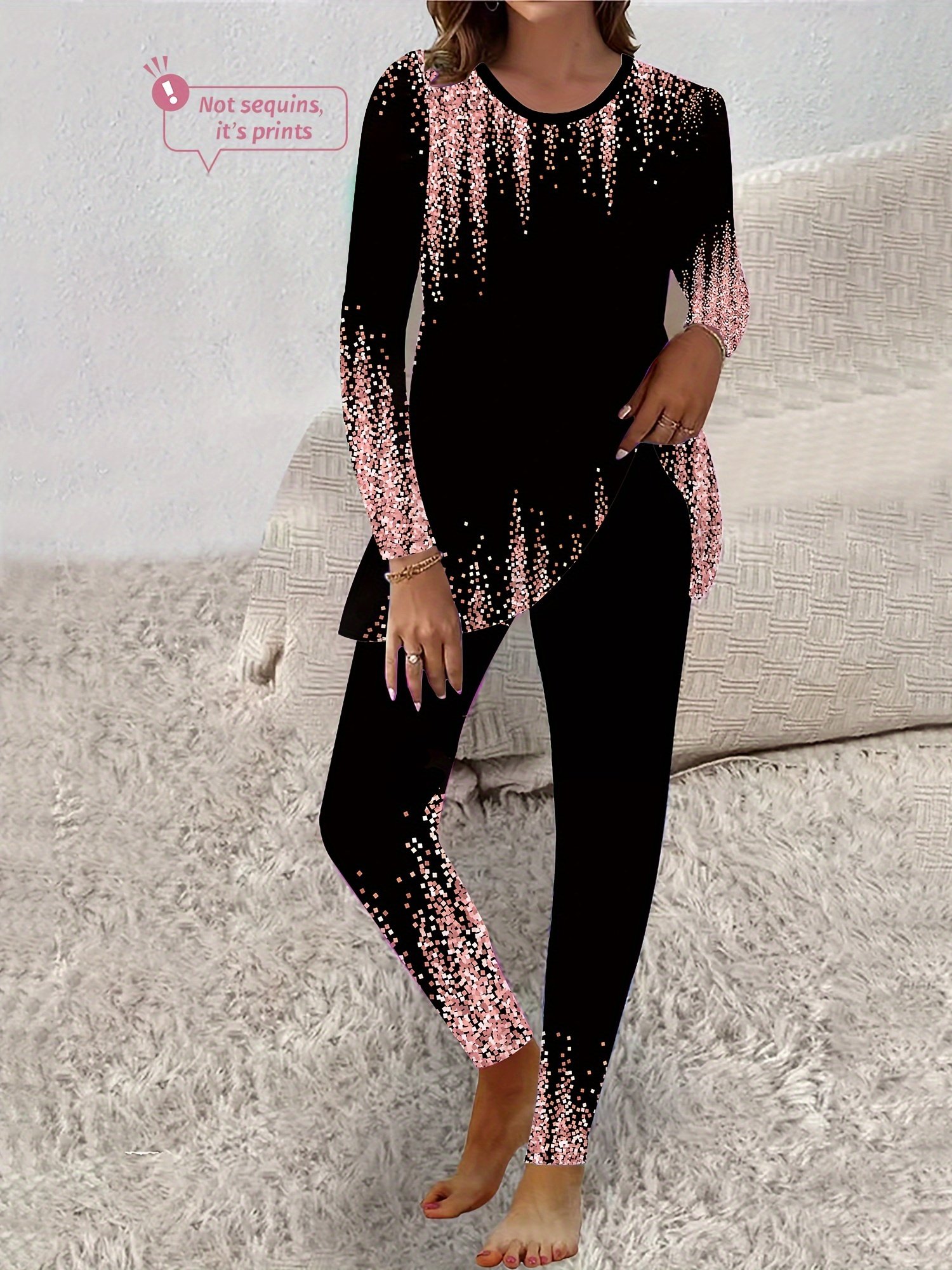 Damen Abstrakt Rundhals Langarm Bequem Lässig Bluse mit Hose Zweiteiliges Set