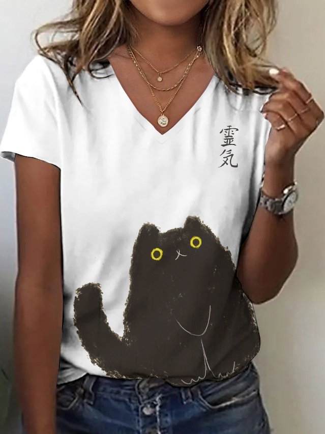 Lässig Tier V-Ausschnitt Kurzarm T-Shirt