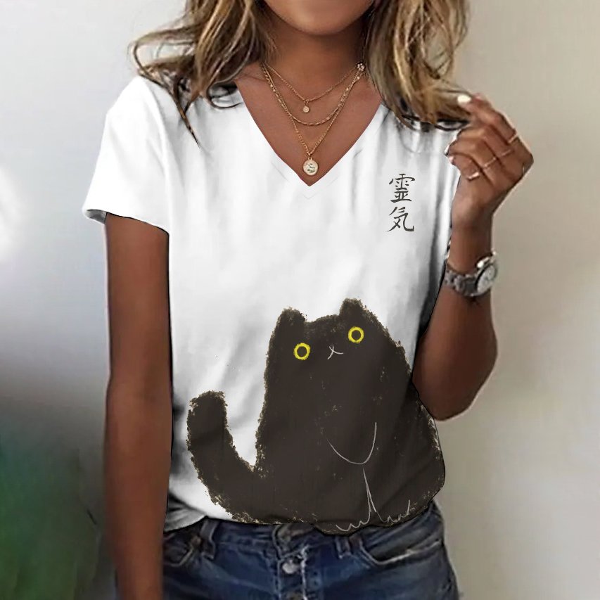 Lässig Tier V-Ausschnitt Kurzarm T-Shirt