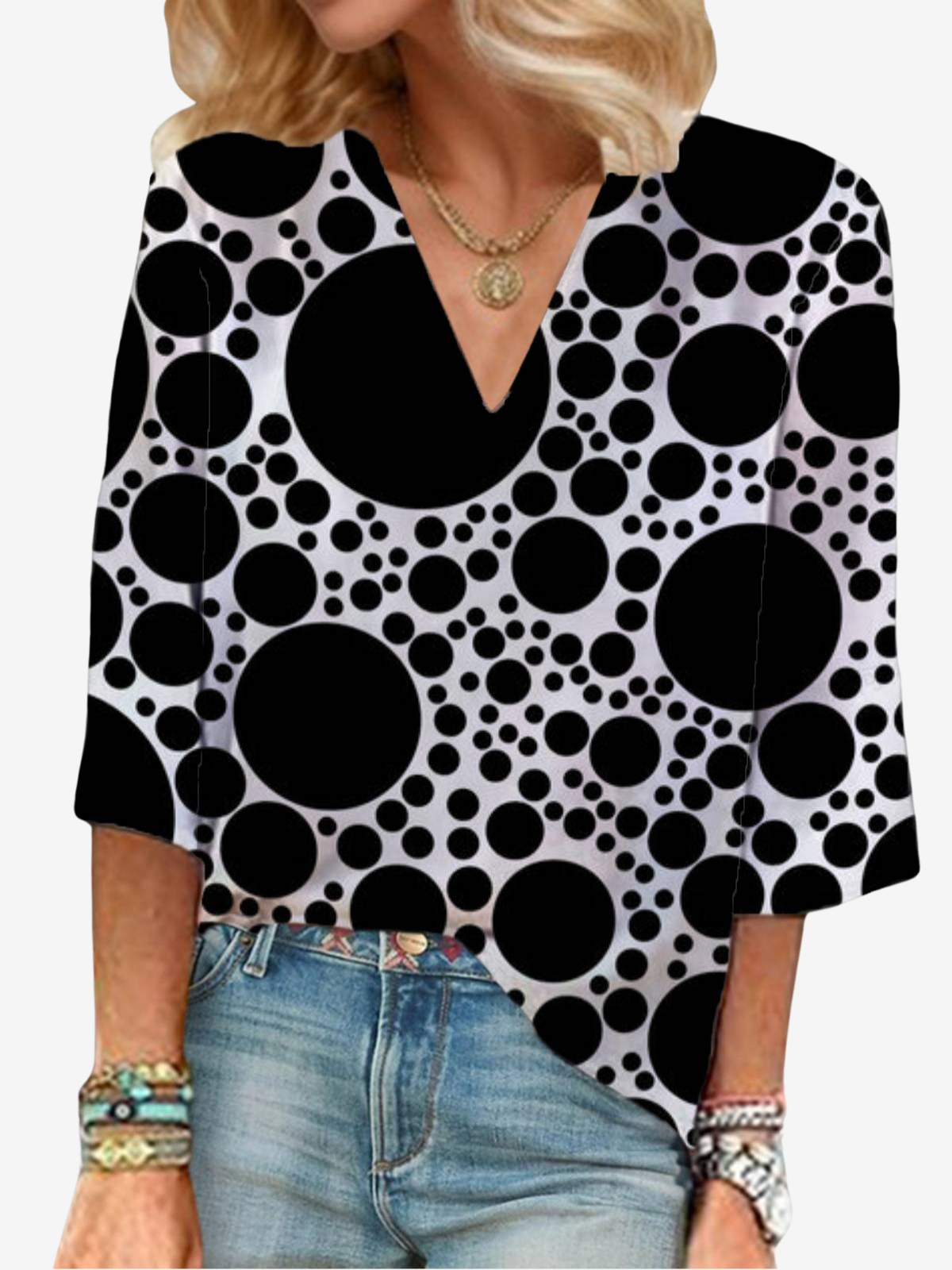 V-Ausschnitt Dreiviertelärmel Polka Dots Regelmäßig Weit Bluse für Damen