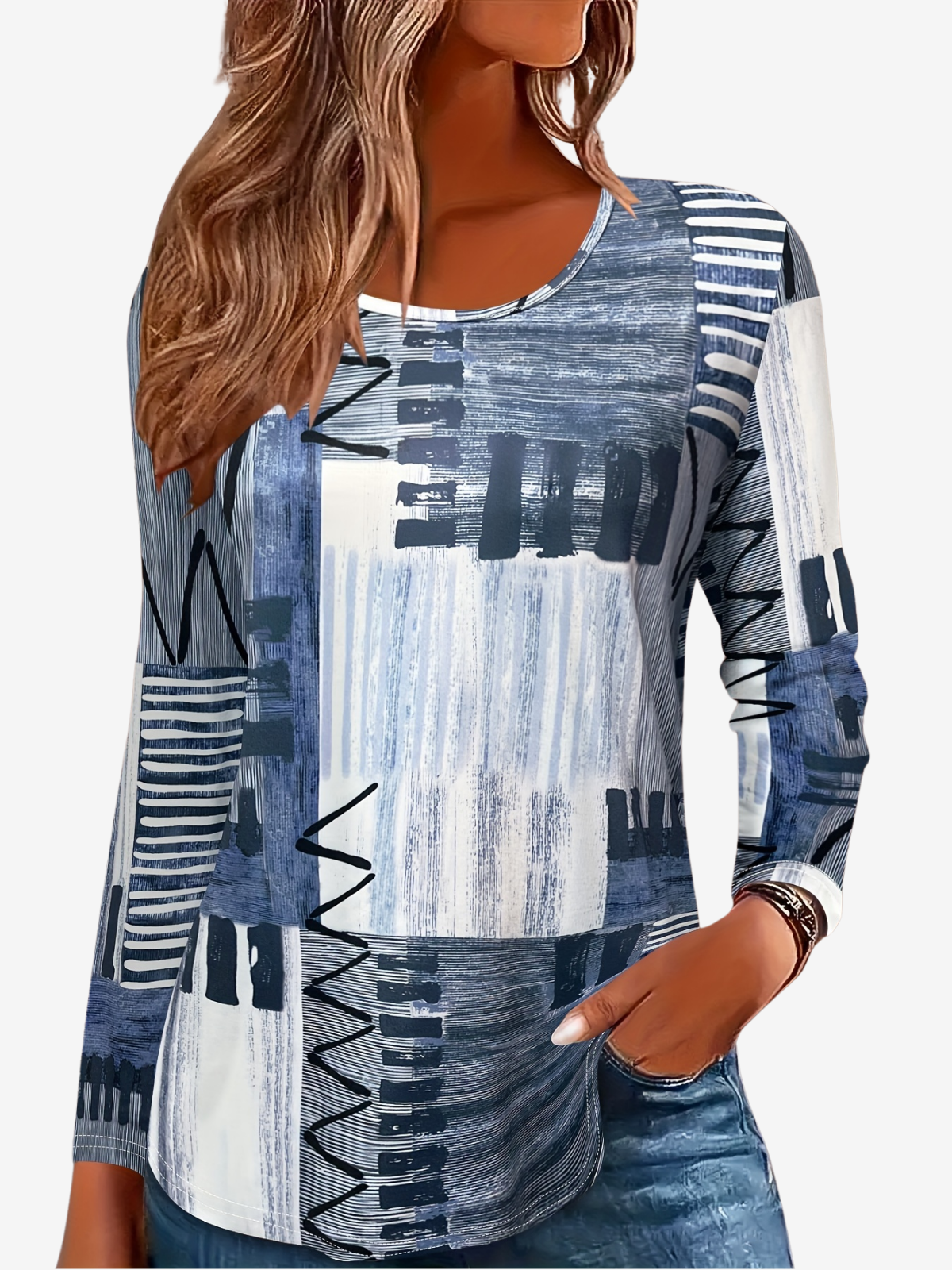 Lässig Geometrisch Rundhals Langarm T-Shirt