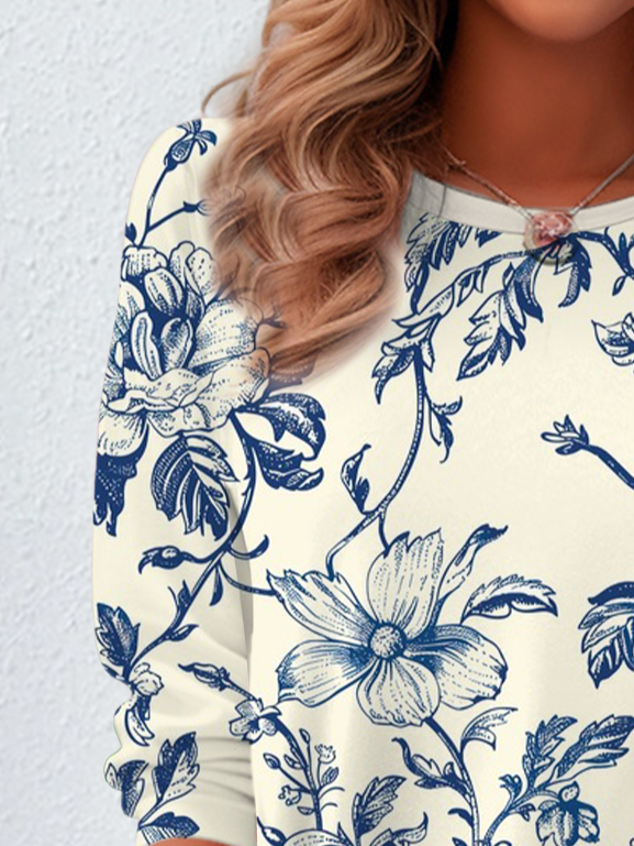 Lässig Geblümt Rundhals Langarm T-Shirt
