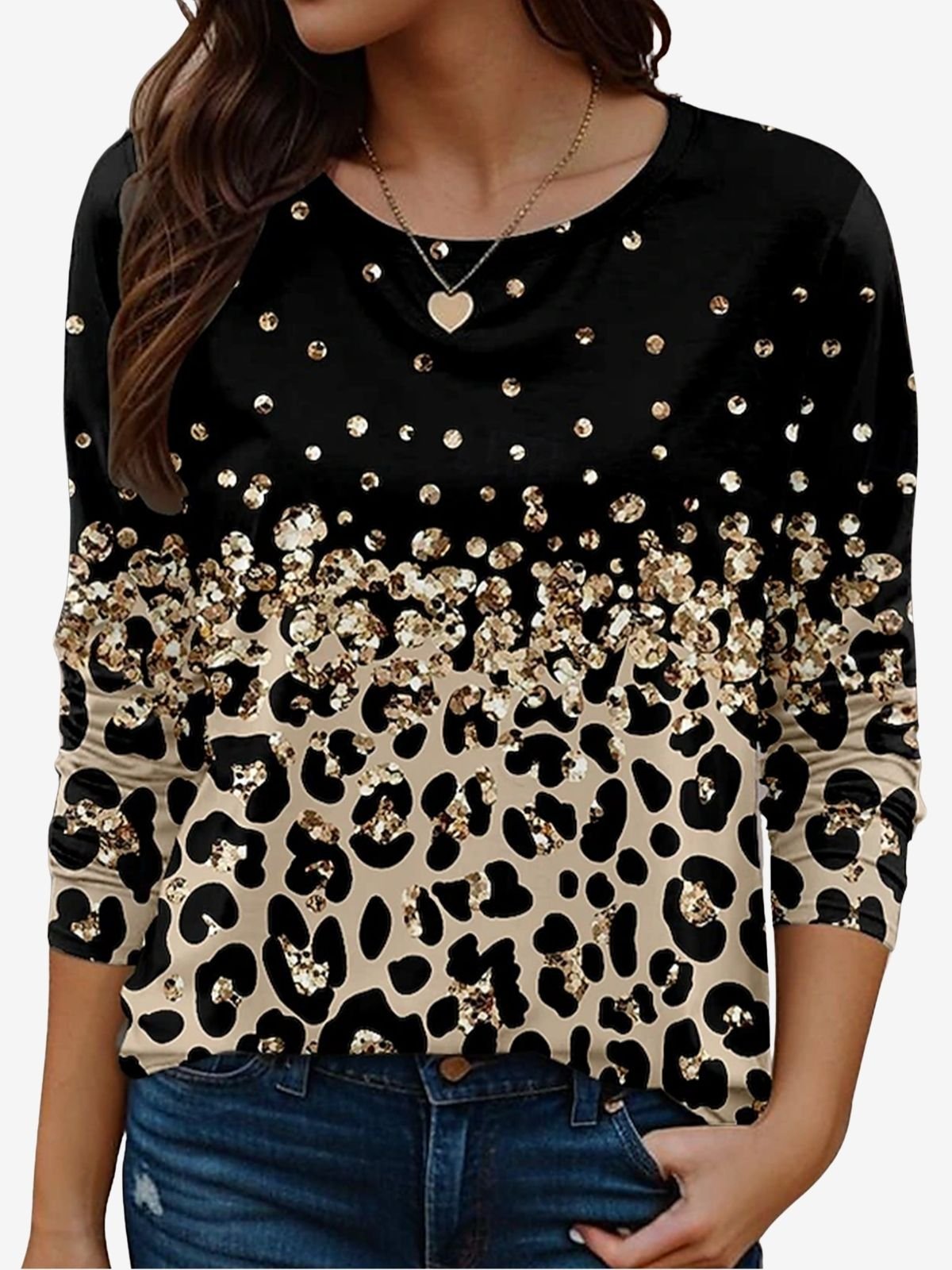 Lässig Leopard Rundhals Langarm T-Shirt