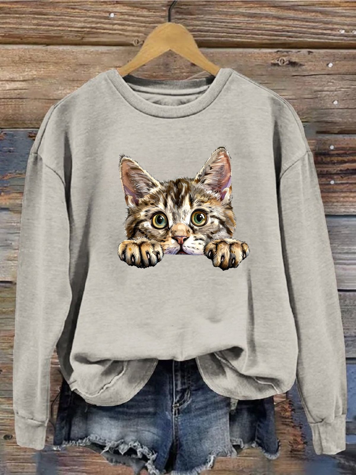 Lässig Rundhals Katze Sweatshirt
