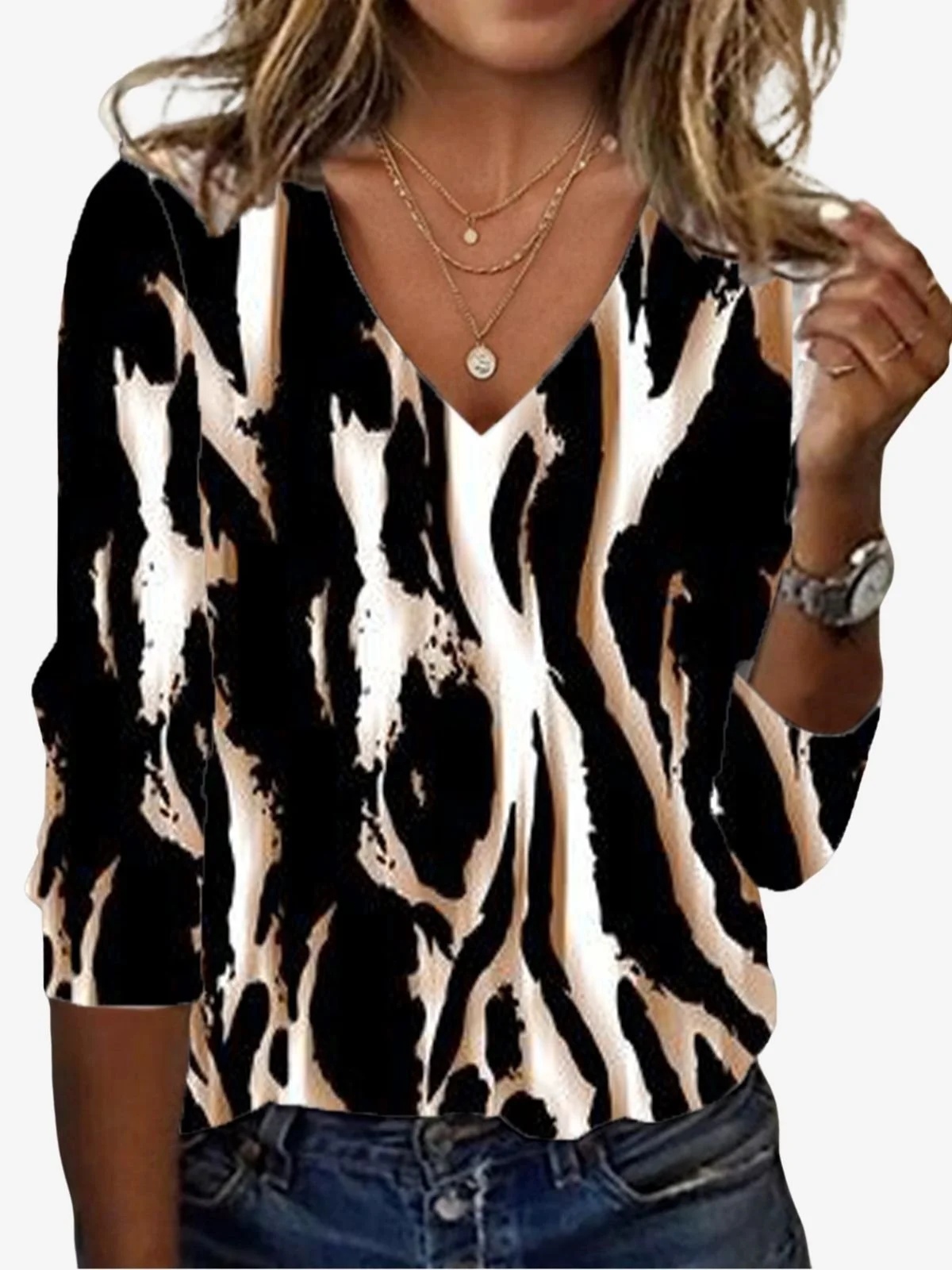 Lässig Leopard V-Ausschnitt Langarm T-Shirt