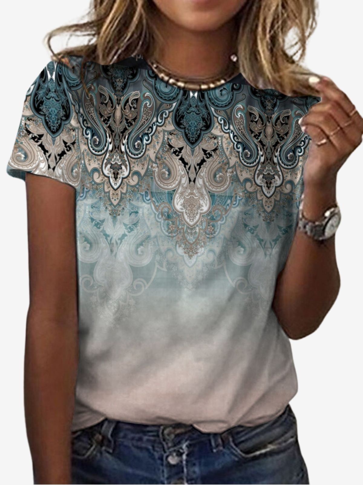 Lässig Ethnisch Rundhals Kurzarm T-Shirt