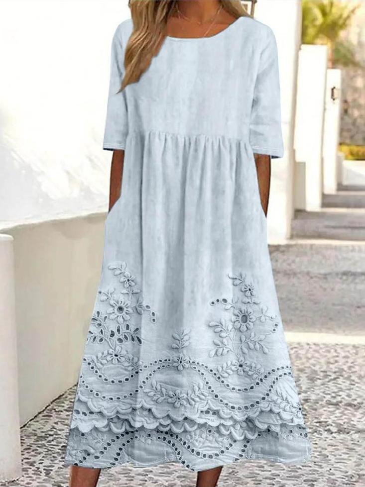 Damen 3d Drucken Rundhals Halbarm Bequem Retro Maxikleid