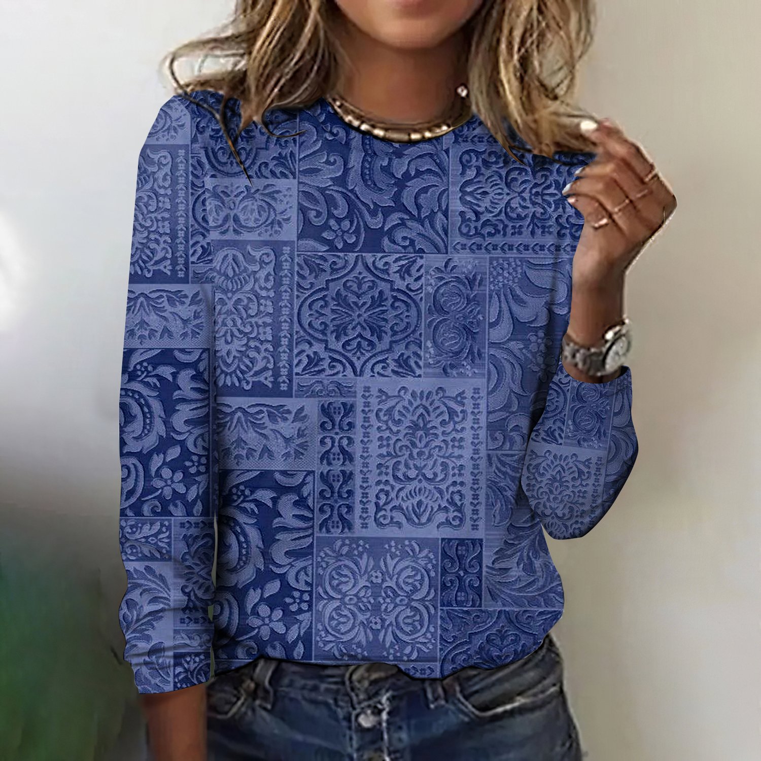 Retro Kariert Rundhals Langarm T-Shirt