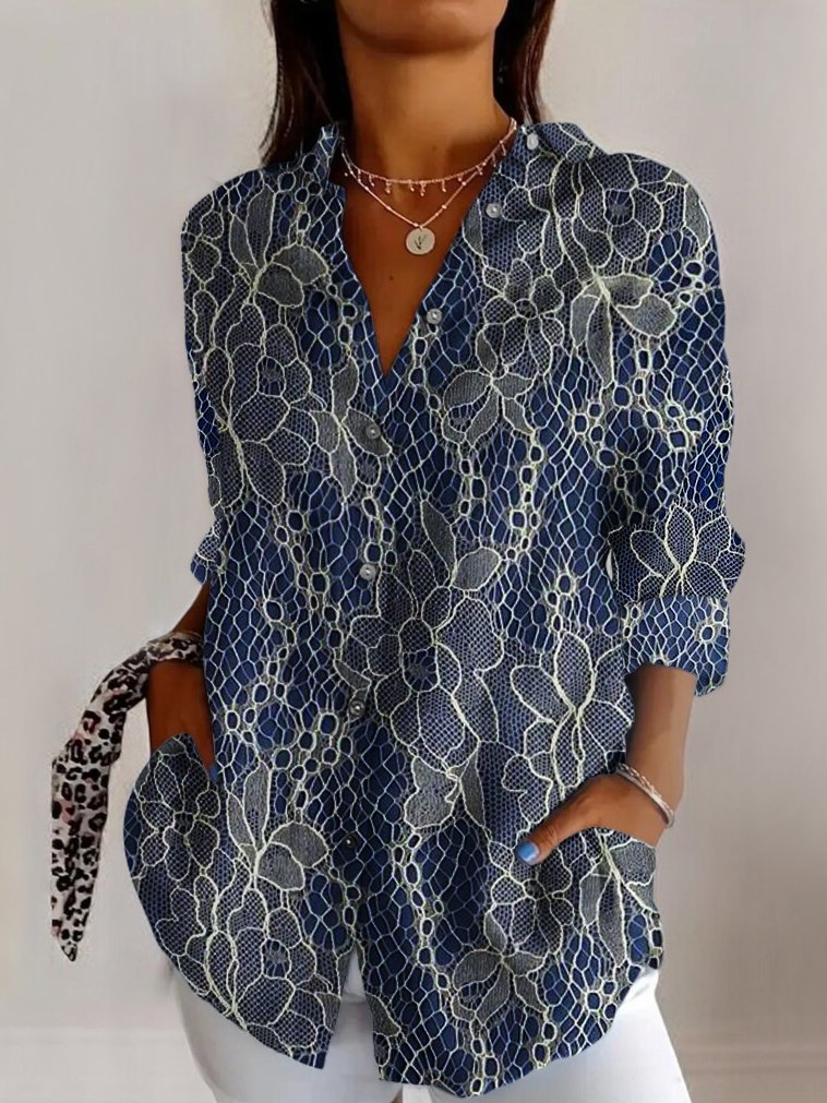 Hemdkragen Langarm Geometrisch Regelmäßig Mikroelastizität Regelmäßige Passform Bluse für Damen