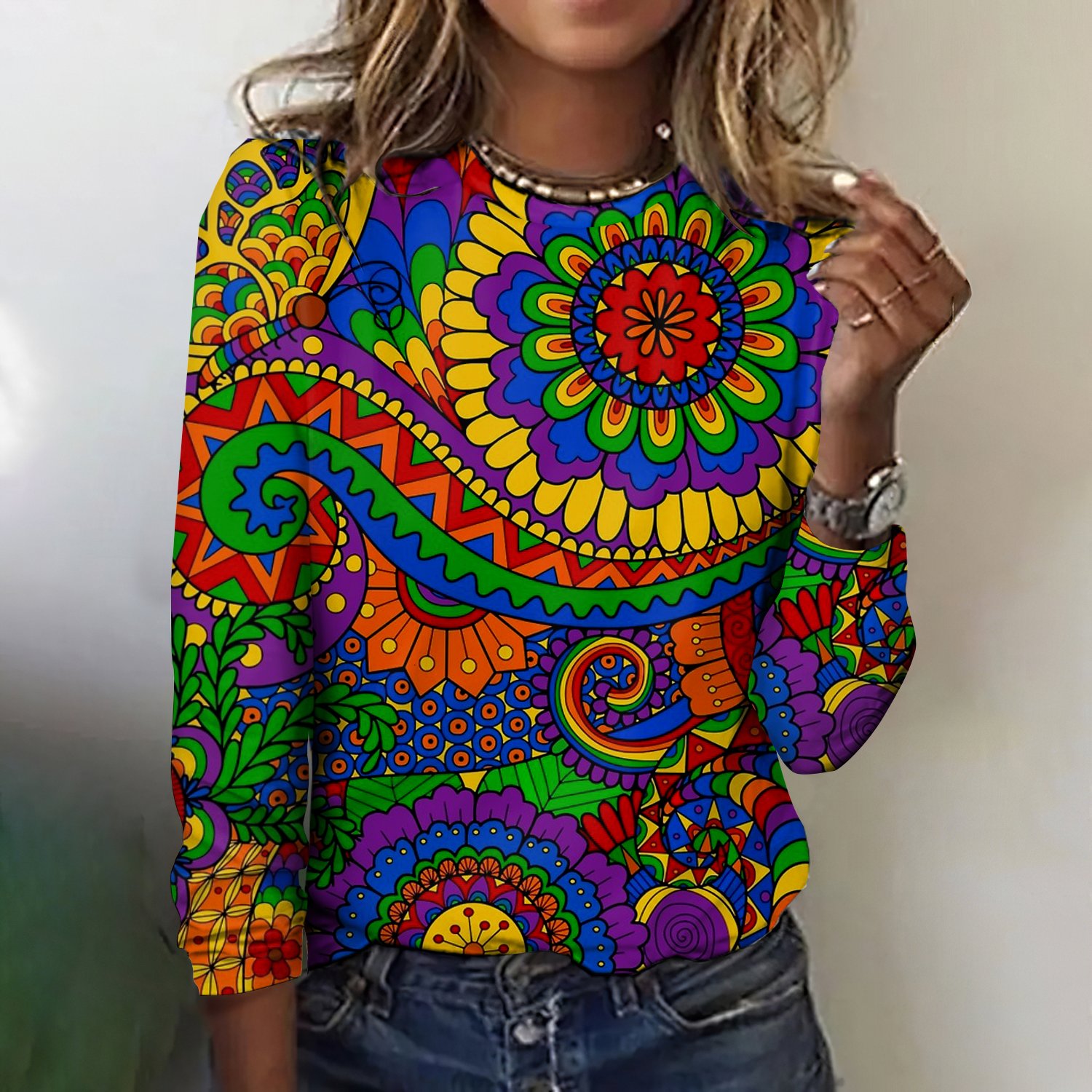 Retro Kariert Rundhals Langarm T-Shirt