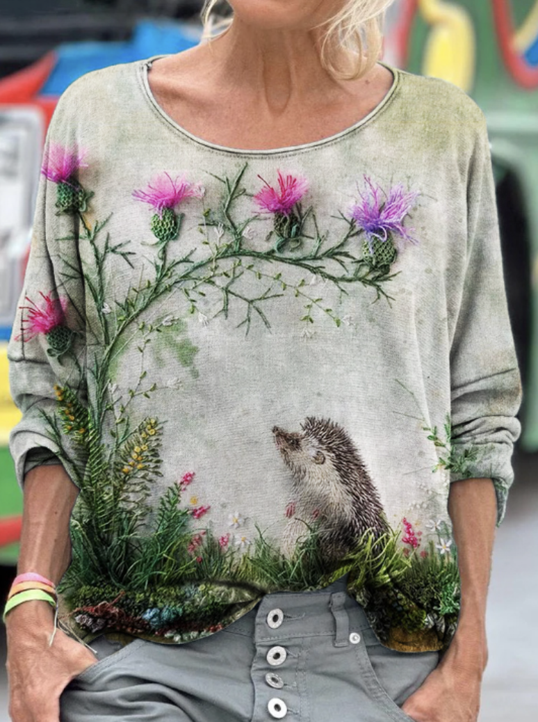 Retro Kariert Rundhals Langarm T-Shirt