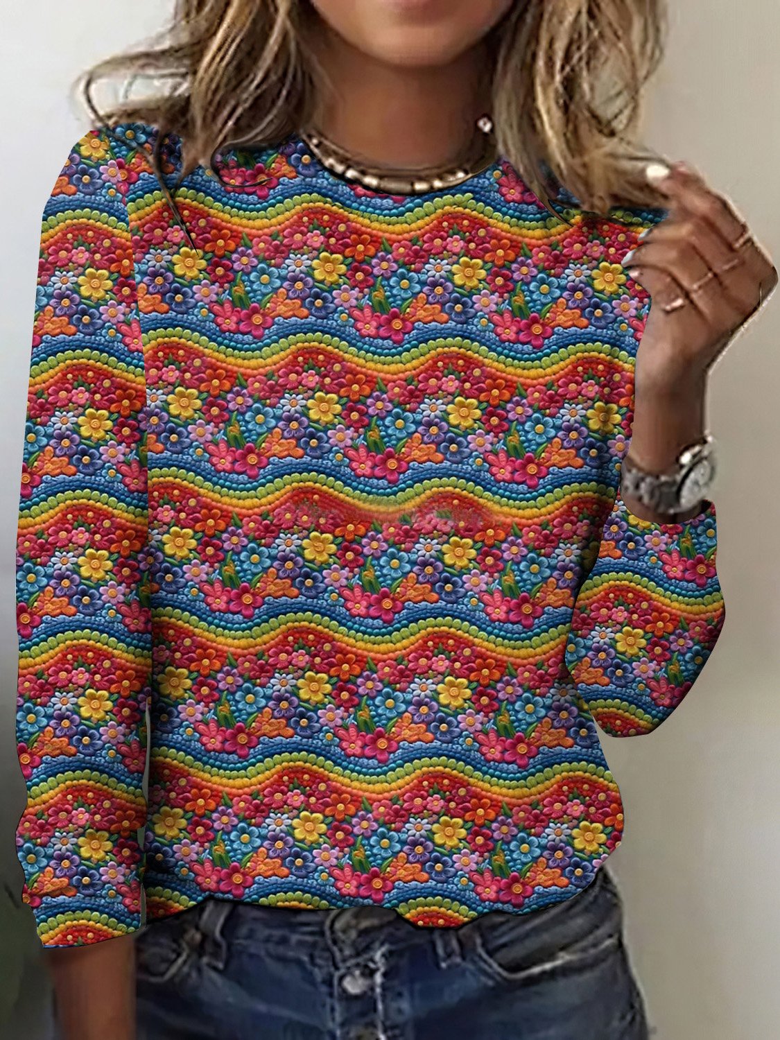 Retro Kariert Rundhals Langarm T-Shirt