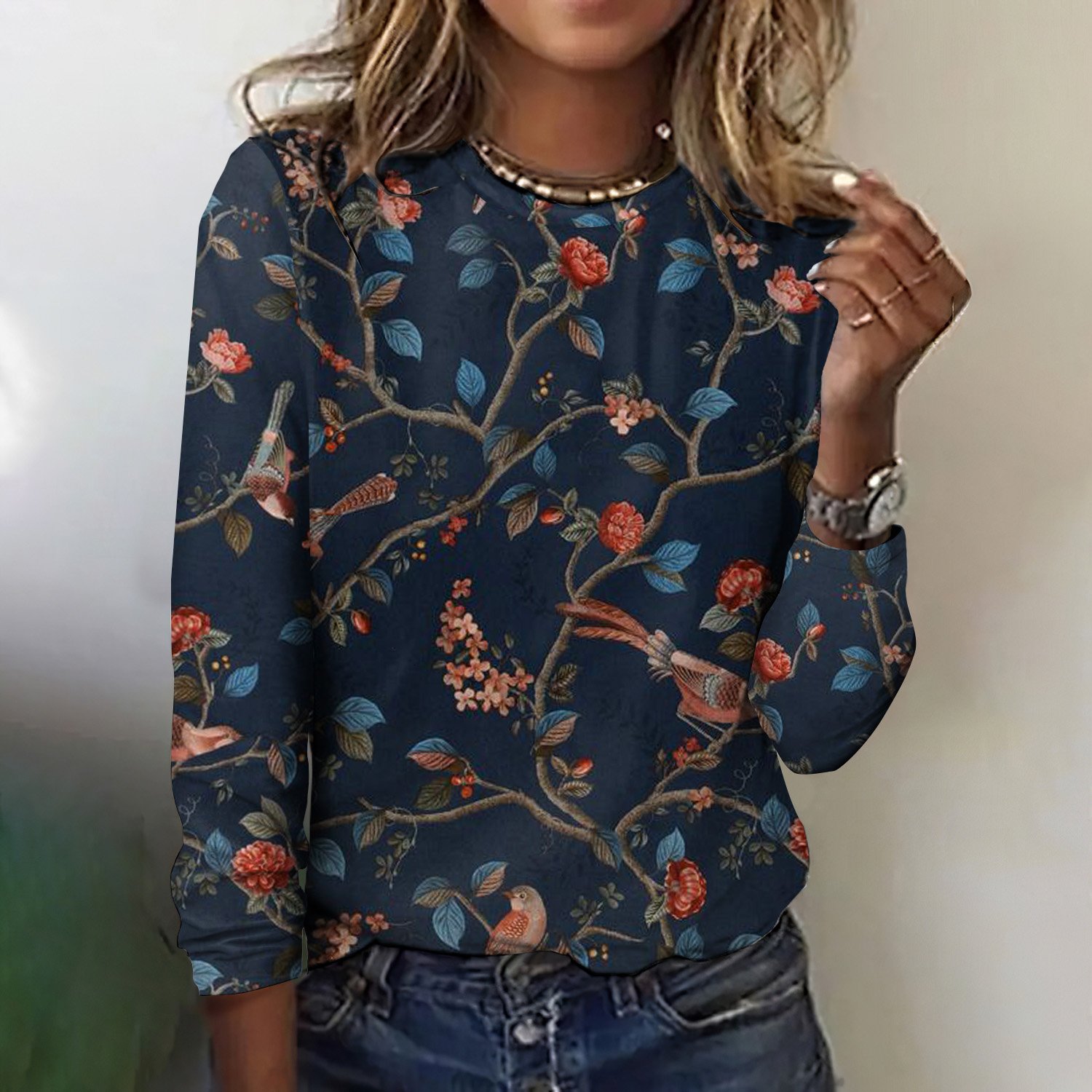 Retro Kariert Rundhals Langarm T-Shirt