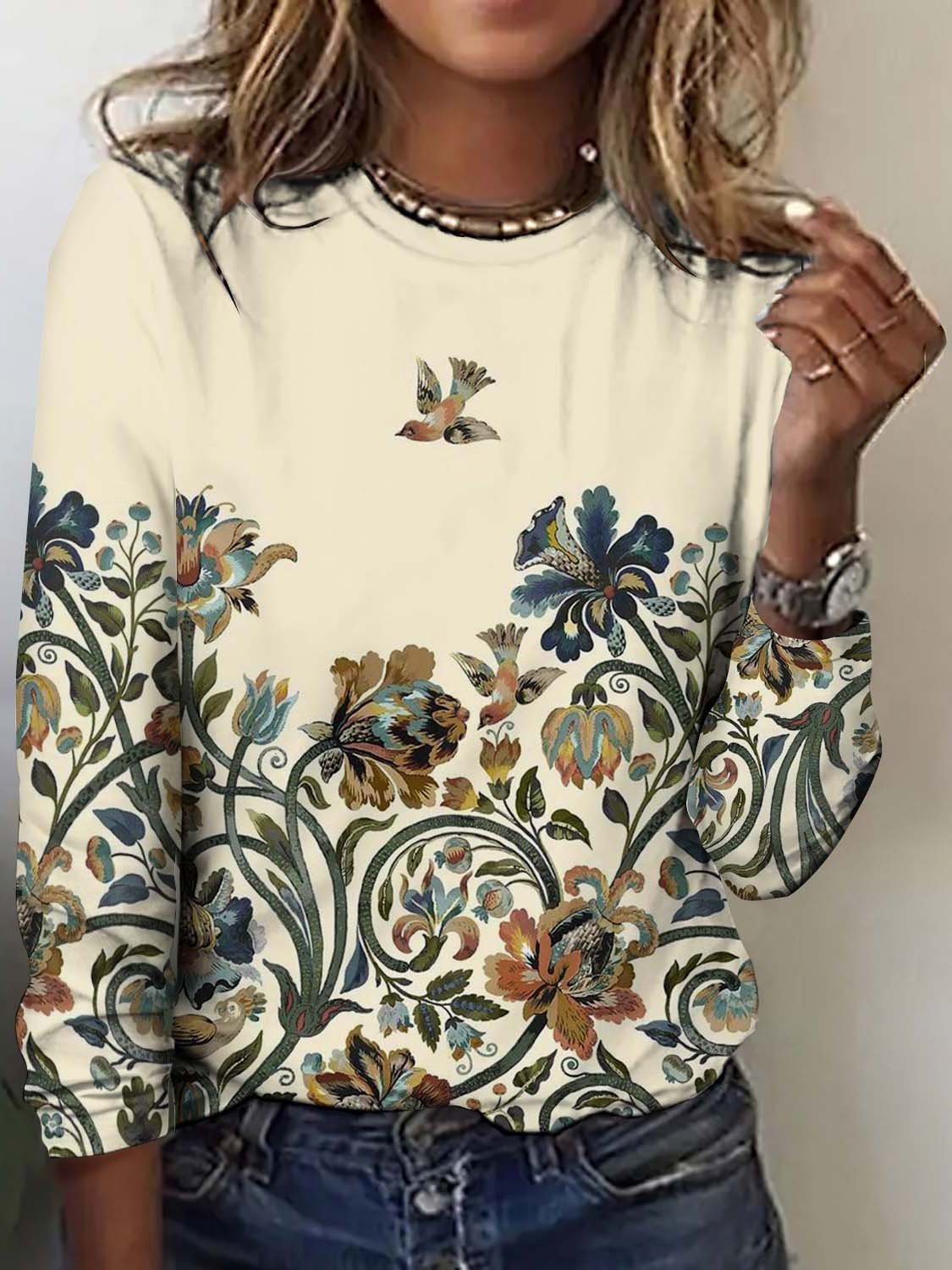 Retro Kariert Rundhals Langarm T-Shirt