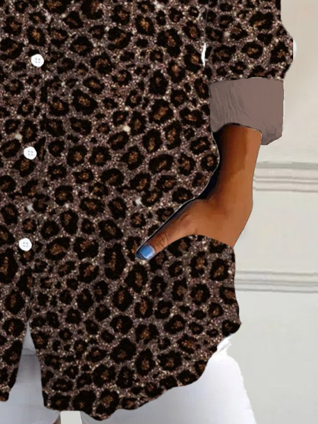 Hemdkragen Langarm Leopard Regelmäßig Weit Bluse für Damen