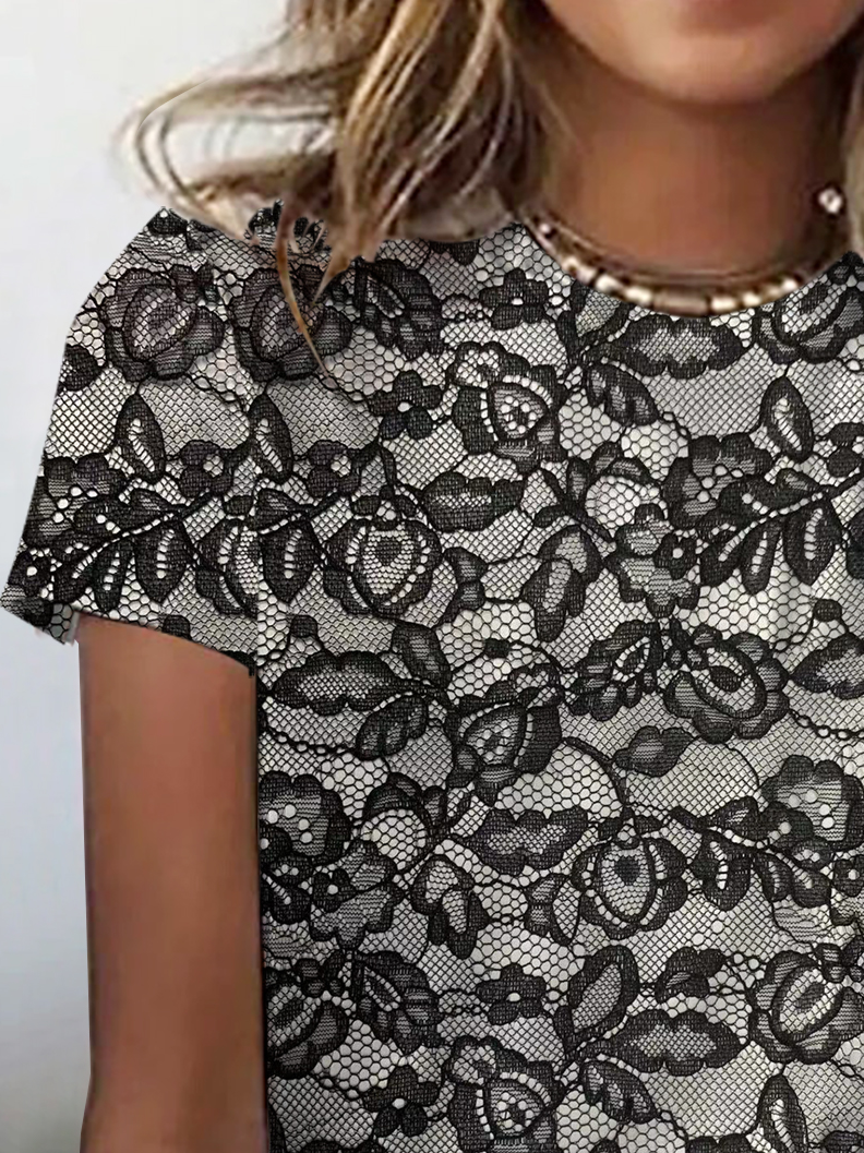 Lässig Geblümt Rundhals Kurzarm T-Shirt