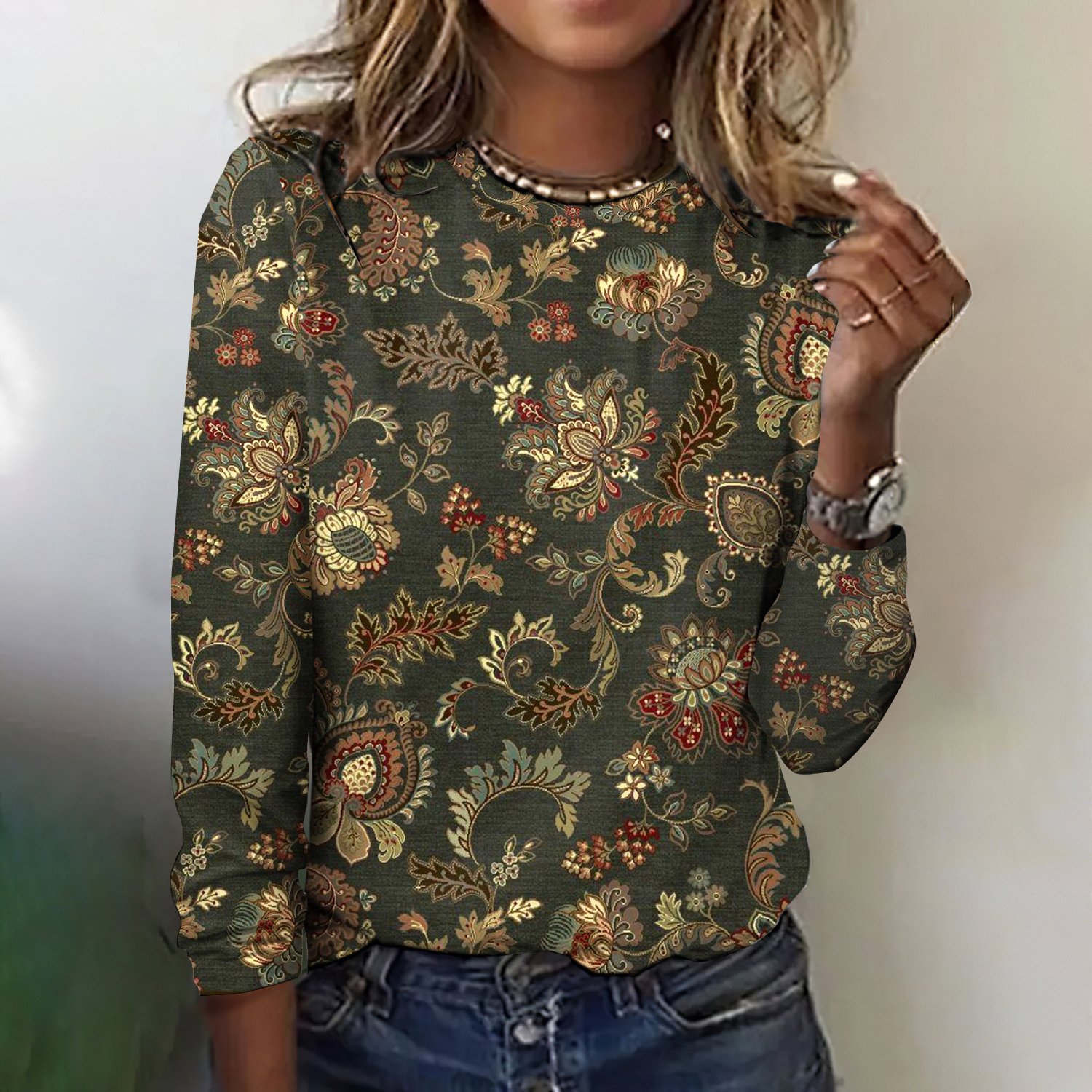 Retro Kariert Rundhals Langarm T-Shirt