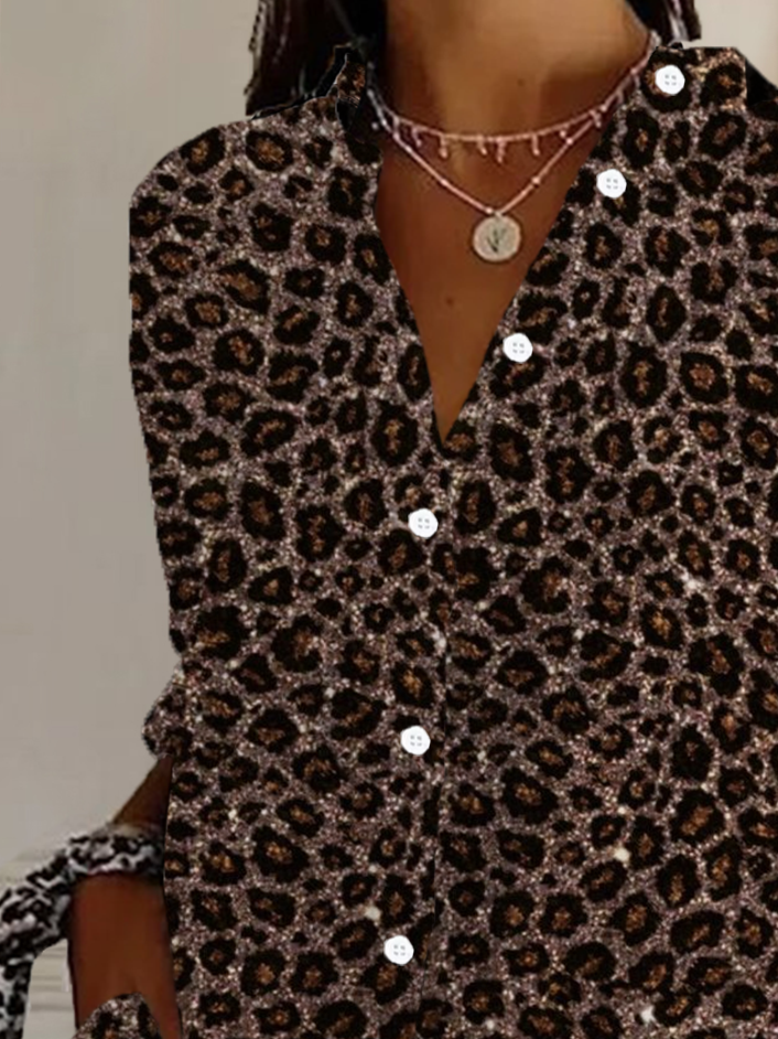 Hemdkragen Langarm Leopard Regelmäßig Weit Bluse für Damen