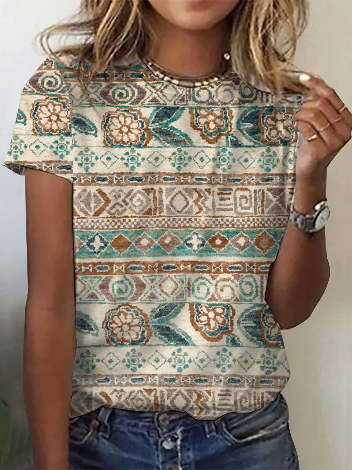 Lässig Ethnisch Rundhals Kurzarm T-Shirt