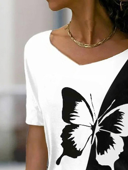 Lässig Schmetterling V-Ausschnitt Kurzarm T-Shirt