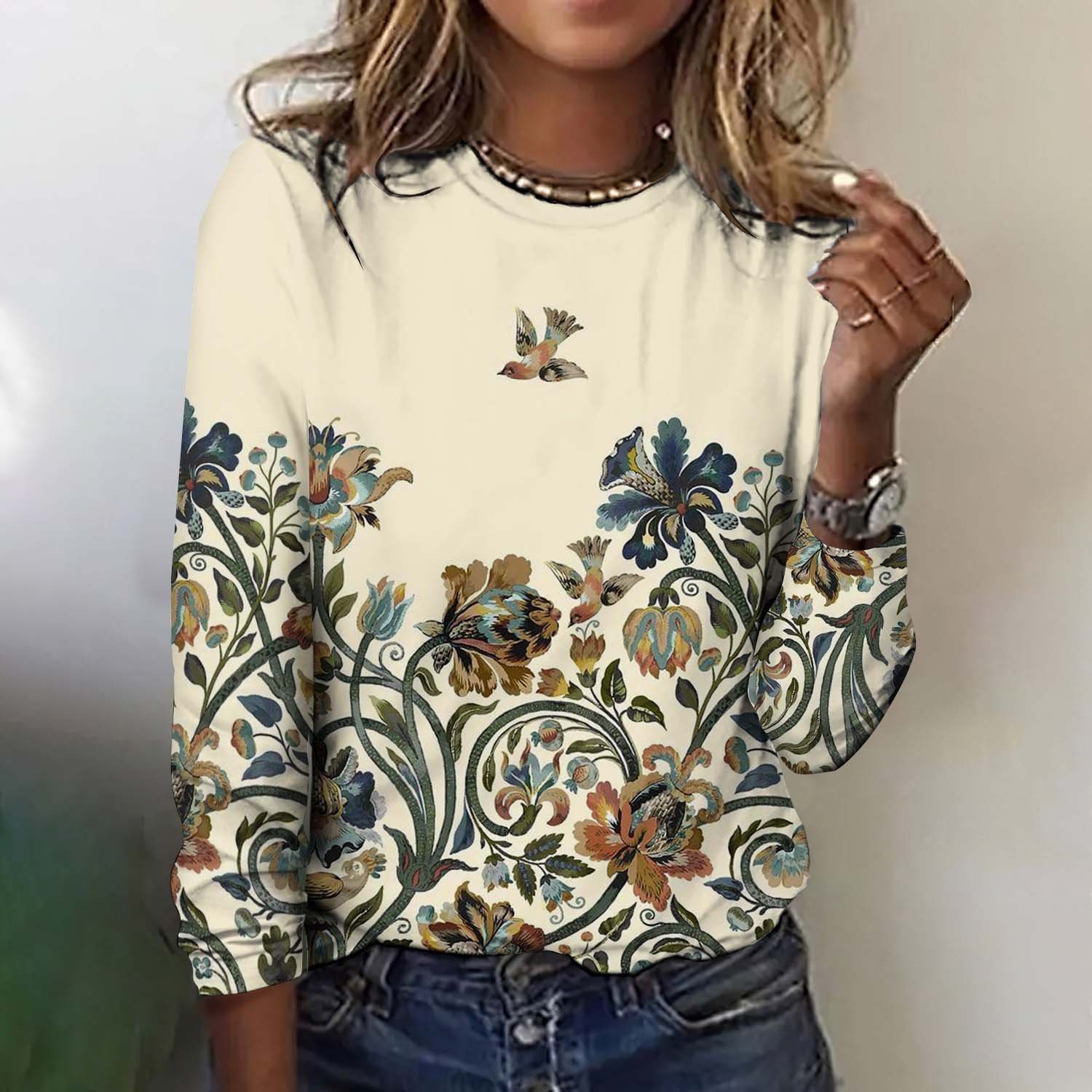 Retro Kariert Rundhals Langarm T-Shirt