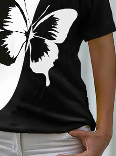 Lässig Schmetterling V-Ausschnitt Kurzarm T-Shirt