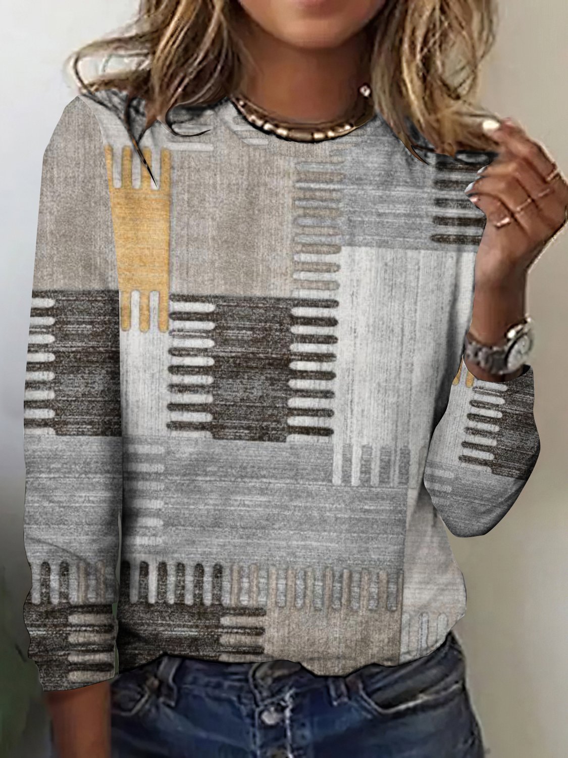 Retro Kariert Rundhals Langarm T-Shirt