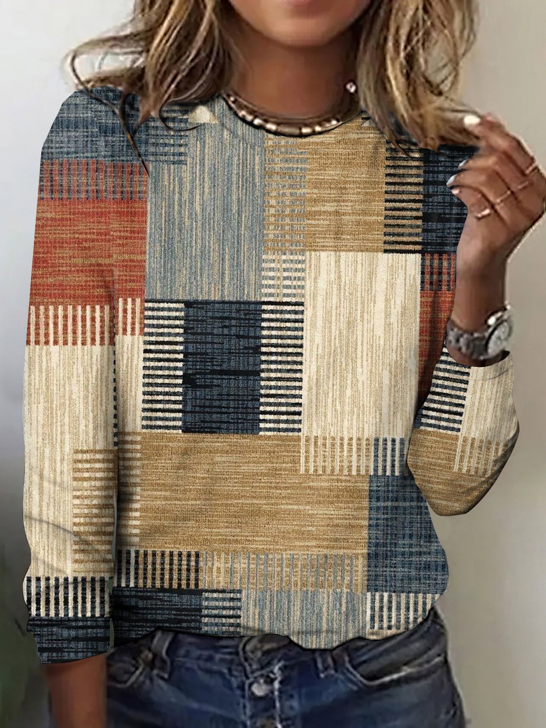 Retro Kariert Rundhals Langarm T-Shirt