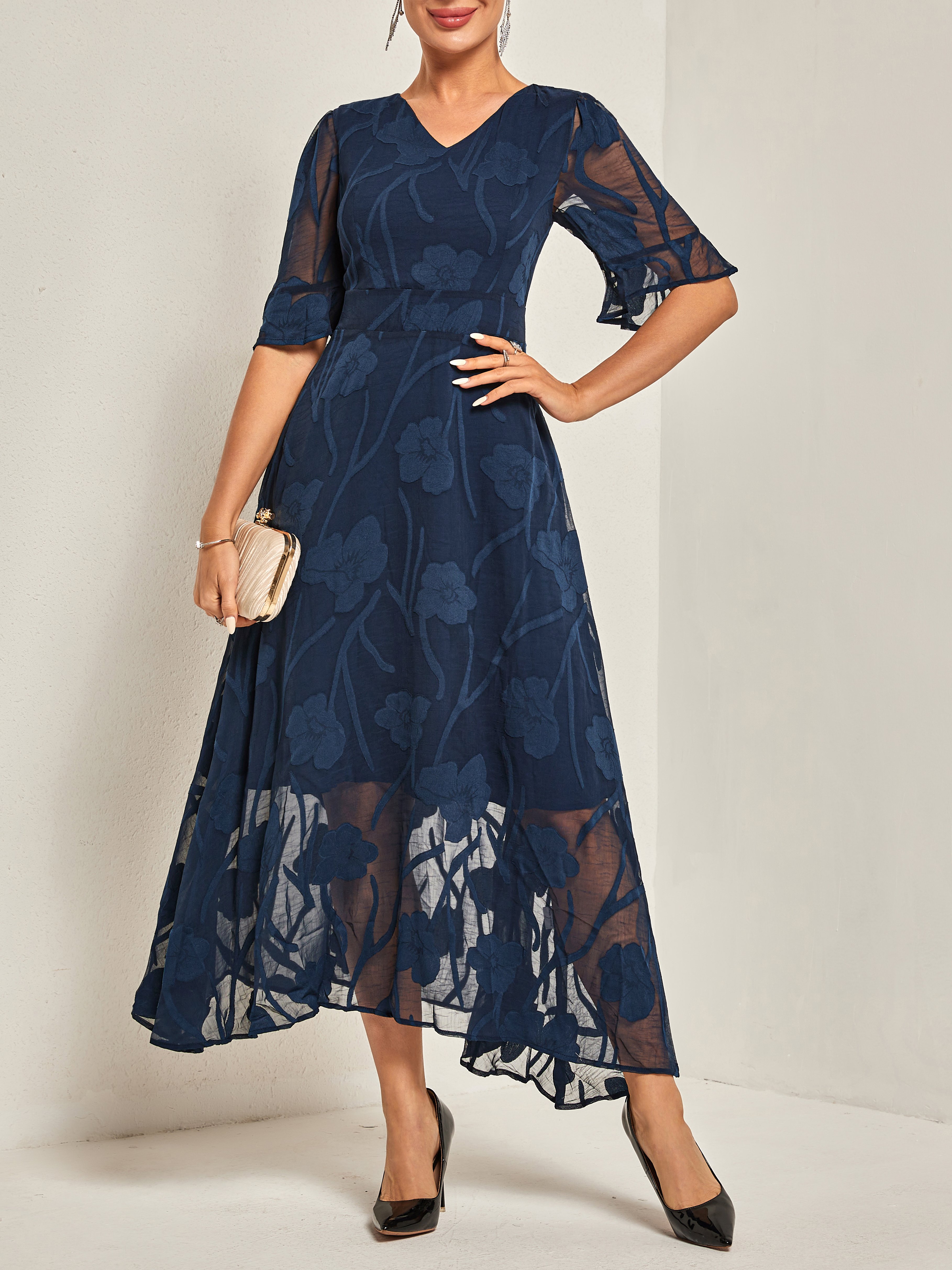 Damen Unifarben V-Ausschnitt Kurzarm Bequem Lässig Maxikleid