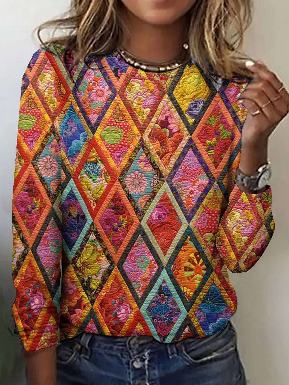 Retro Kariert Rundhals Langarm T-Shirt