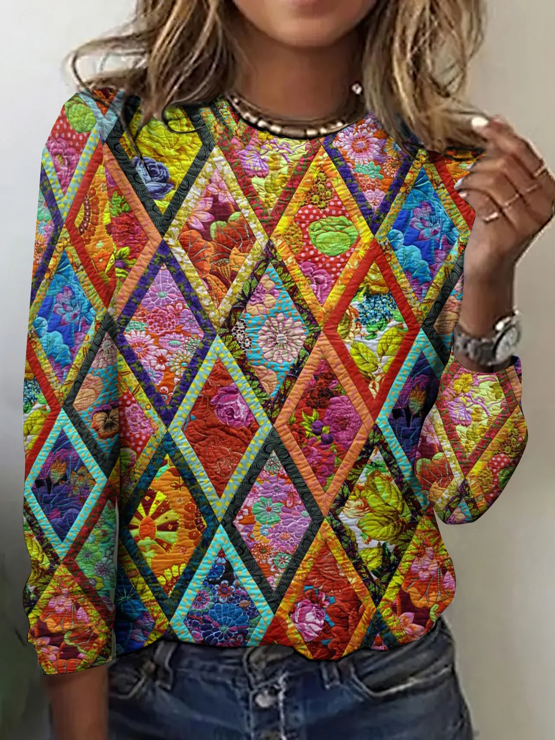 Retro Kariert Rundhals Langarm T-Shirt