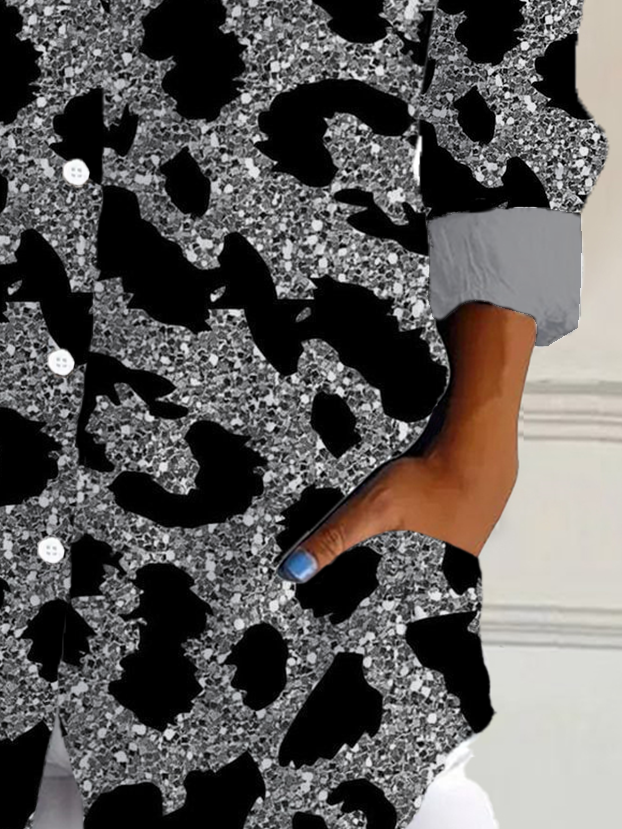 Hemdkragen Langarm Leopard Schnalle Regelmäßig Weit Knopfhemd Bluse für Damen