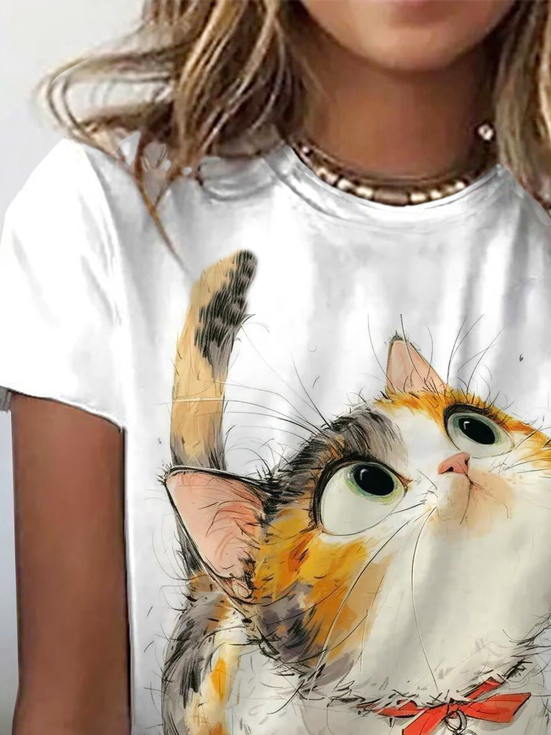 Lässig Katze Rundhals Kurzarm T-Shirt