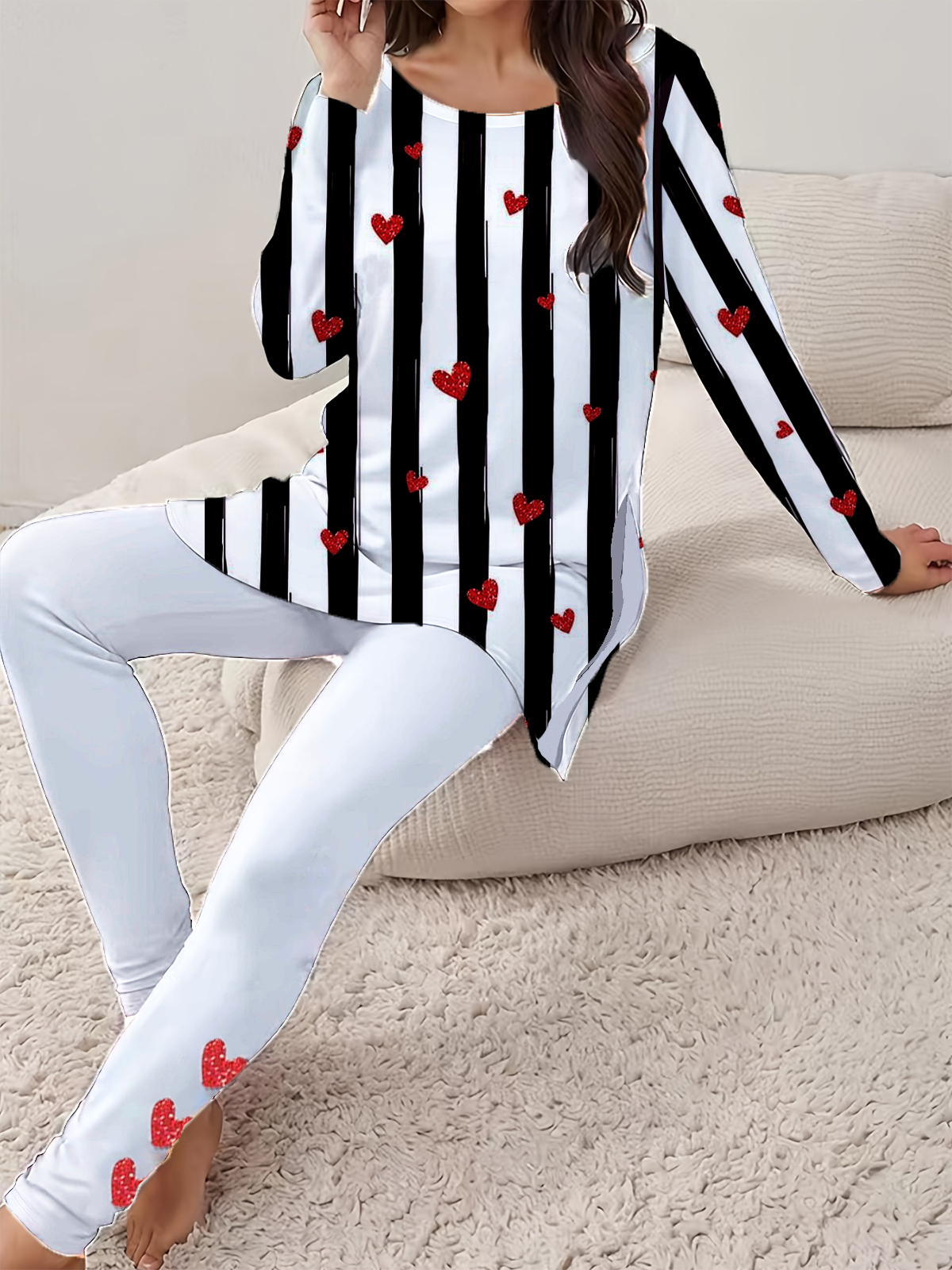 Damen Gestreift Rundhals Langarm Bequem Lässig Print Bluse mit Hose Zweiteiliges Set