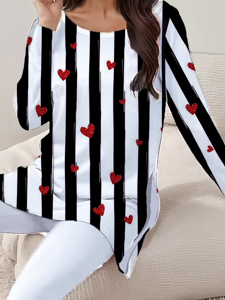 Damen Gestreift Rundhals Langarm Bequem Lässig Print Bluse mit Hose Zweiteiliges Set