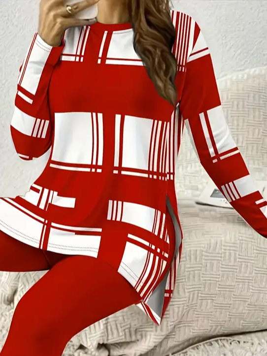 Damen Kariert Rundhals Langarm Bequem Lässig Print Bluse mit Hose Zweiteiliges Set