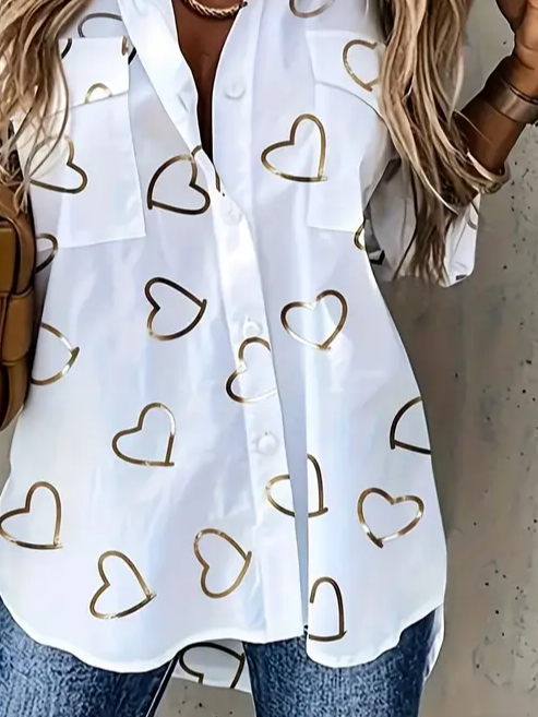 Hemdkragen Langarm Herz/Herz Print Regelmäßig Weit Knopfhemd Bluse für Damen