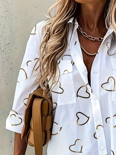 Hemdkragen Langarm Herz/Herz Print Regelmäßig Weit Knopfhemd Bluse für Damen