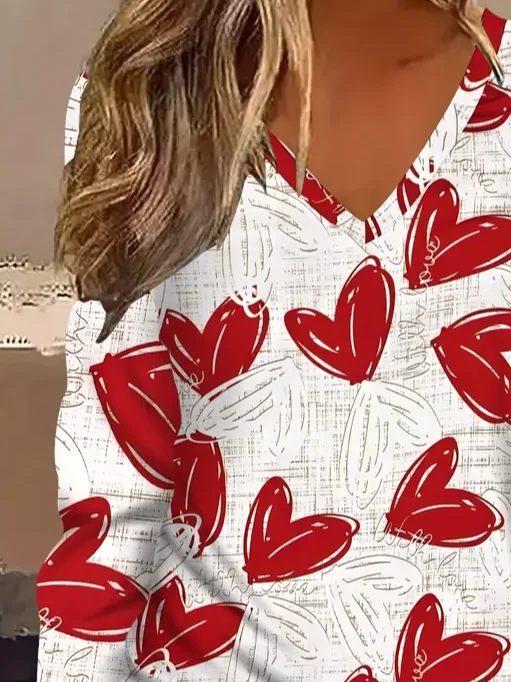 Lässig Herz/Herz V-Ausschnitt Langarm T-Shirt