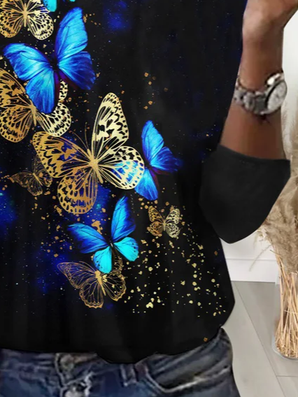 Lässig Schmetterling Rundhals Langarm T-Shirt