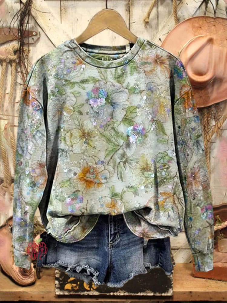 Lässig Rundhals Geblümt Sweatshirt Print