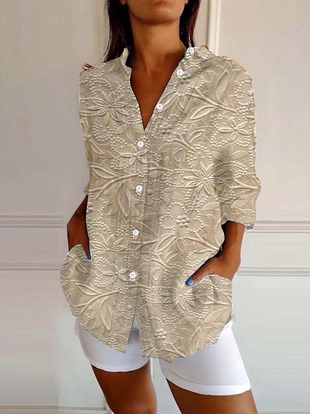 Hemdkragen Langarm 3d Drucken Regelmäßig Weit Bluse für Damen