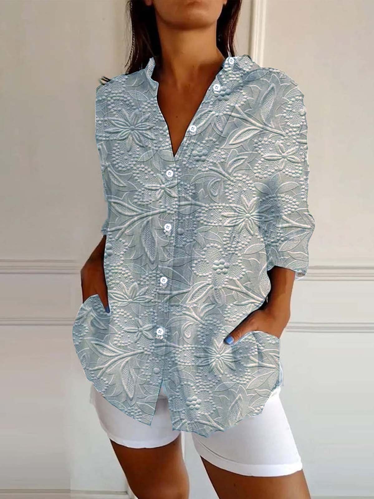Hemdkragen Langarm 3d Drucken Regelmäßig Weit Bluse für Damen