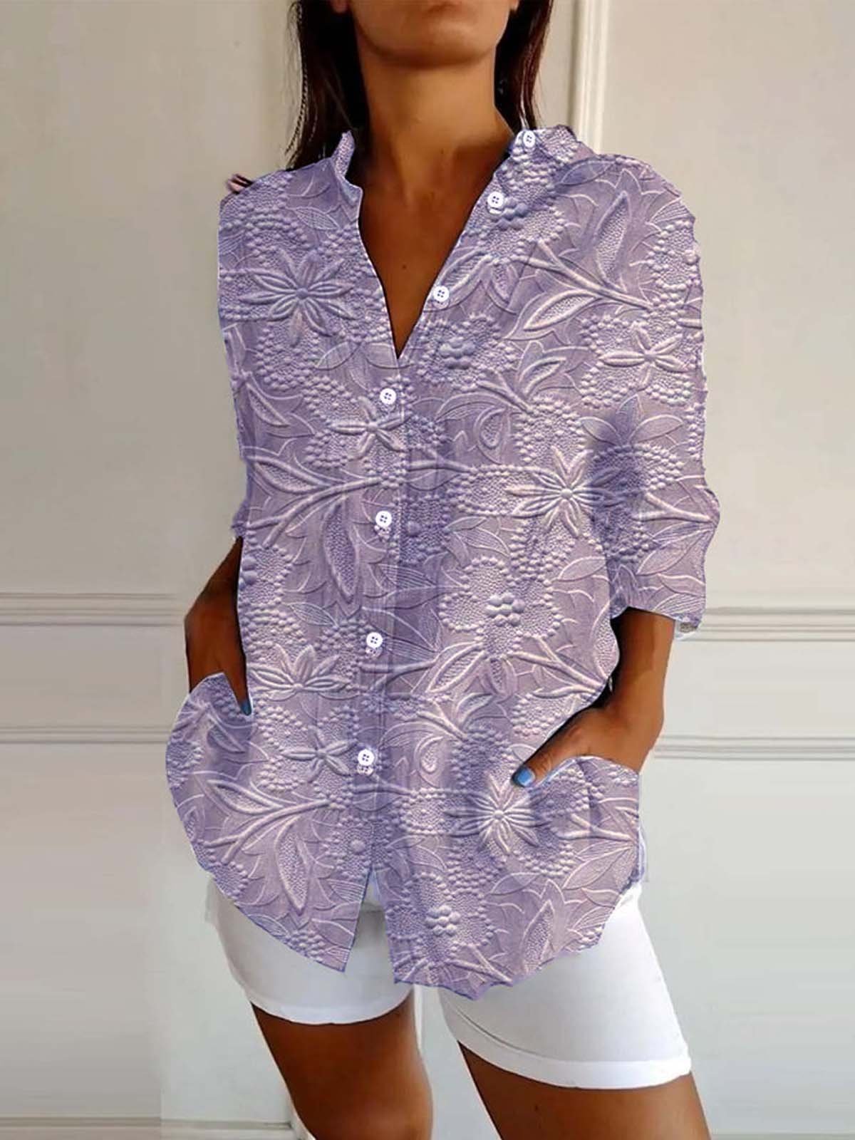 Hemdkragen Langarm 3d Drucken Regelmäßig Weit Bluse für Damen