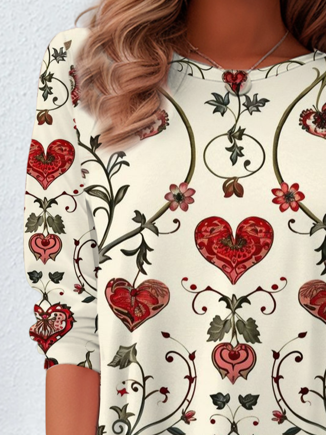 Lässig Geblümt Rundhals Langarm T-Shirt